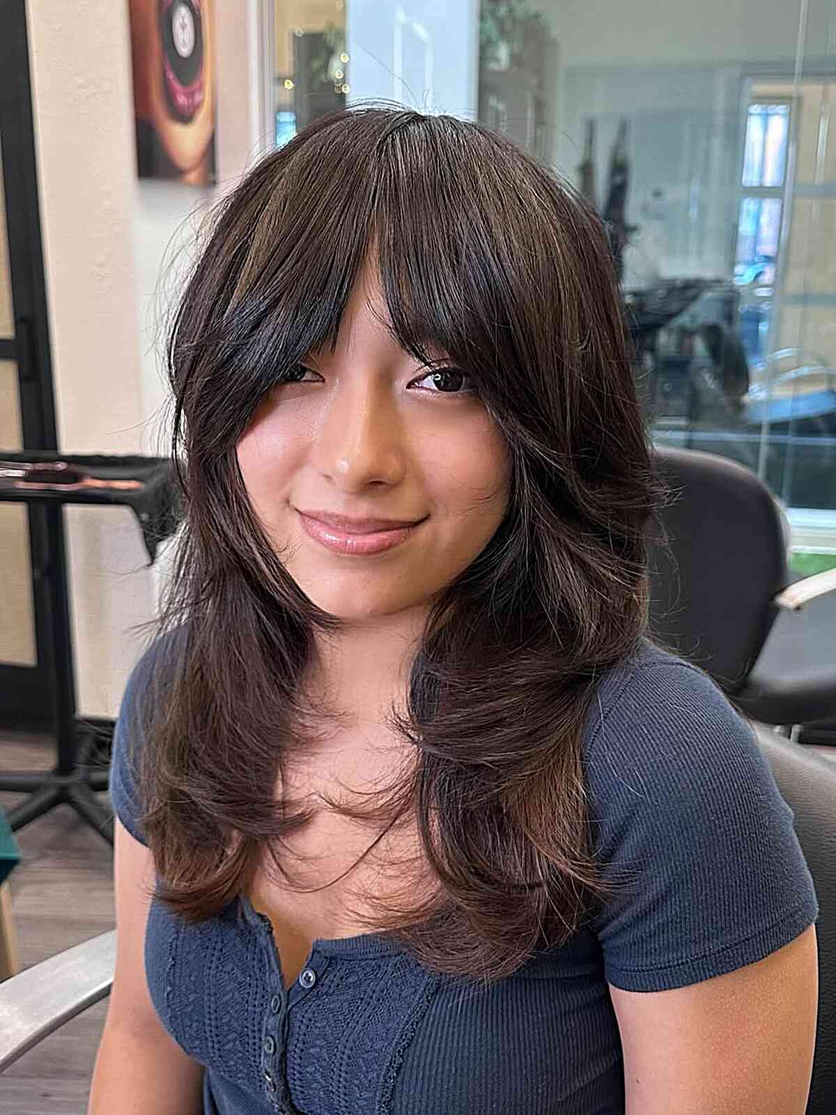 Shoulder Shag With Dark Brown Full Bangs — Modern Shag