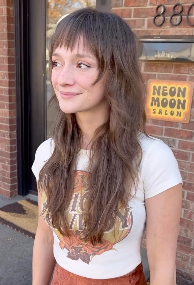 Mid-Back Ash Blonde Shag With Layered Fringe — Modern Shag