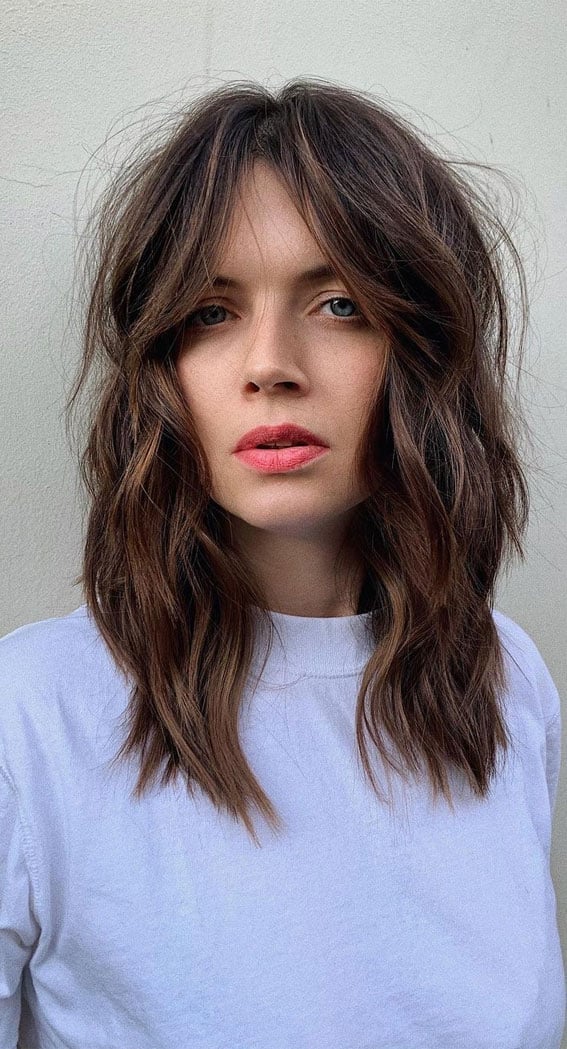 Collarbone Dark Brown Shag With Texture, Curtain Bangs — Modern Shag