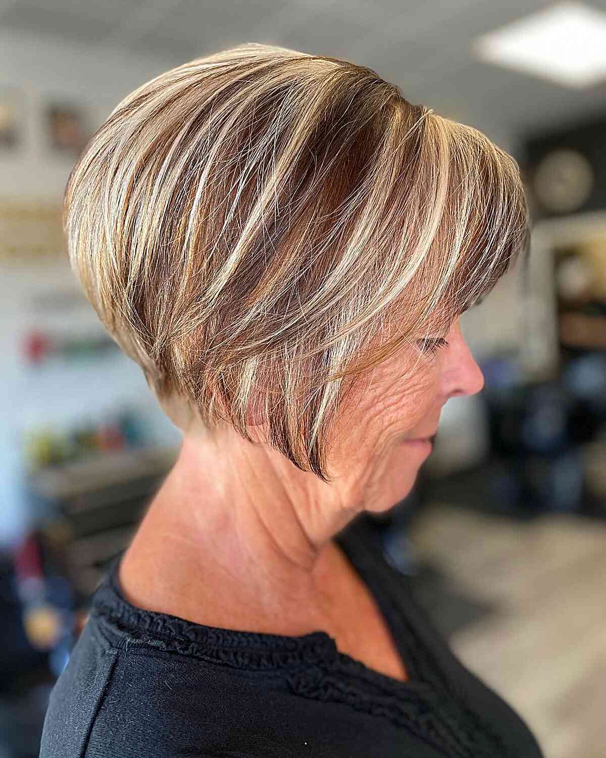 Ear Length Stacked Blonde Bob Ear Length Stacked Blonde Bob — Mom Bob