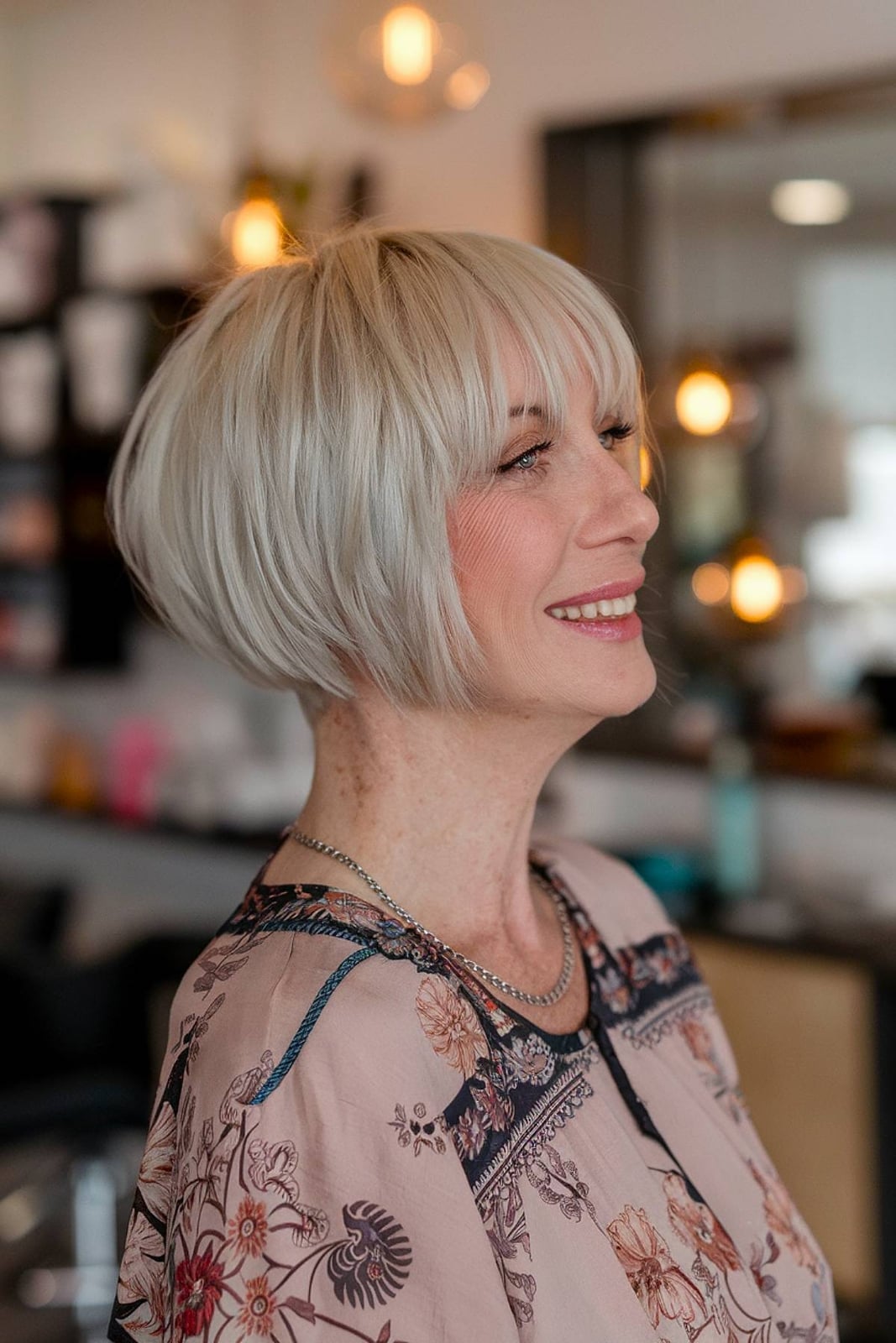 Ear Length Stacked Bob With Curtain Bangs Ear Length Stacked Bob With Curtain Bangs — Mom Bob