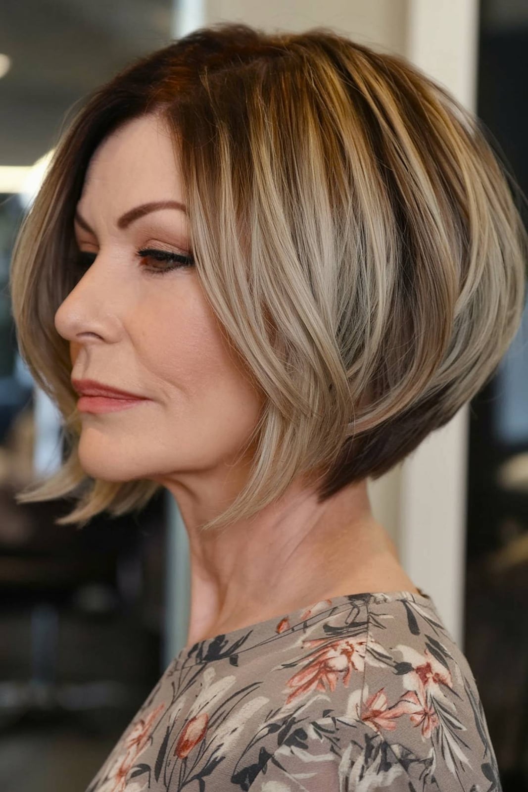 Chin Length Angled Bob With Highlights Chin Length Angled Bob With Highlights — Mom Bob