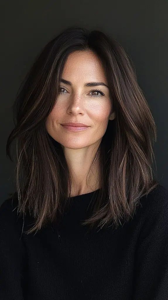 Dark Brown Lob With Face-Framing Layers Dark Brown Lob With Face-Framing Layers — Mom Haircuts