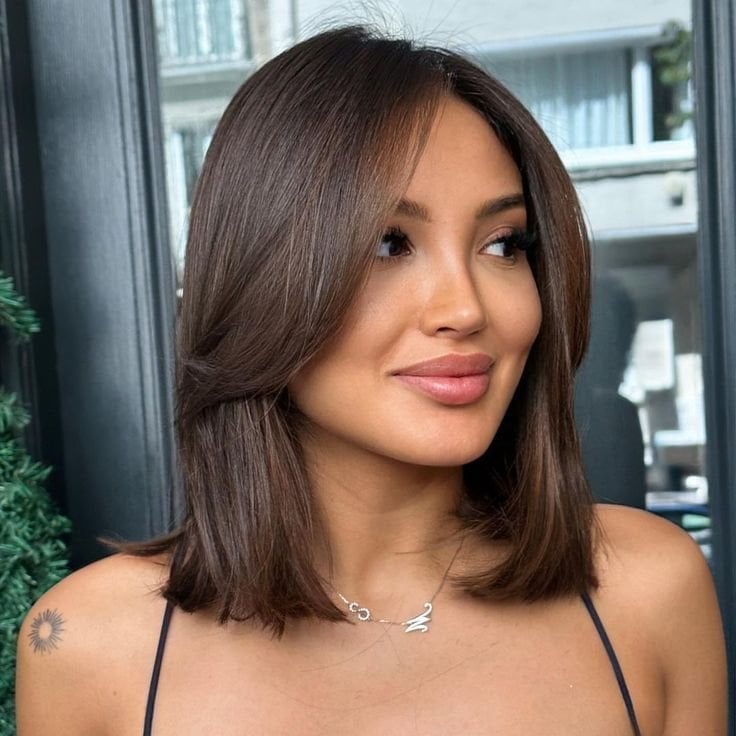 Sleek Dark Brown Lob With Side Bangs Sleek Dark Brown Lob With Side Bangs — Mom Haircuts