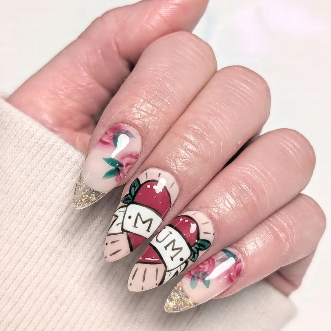 Tattoo Inspired MUM Banner Long Almond Nails Tattoo Inspired MUM Banner Long Almond Nails — Mom Nails