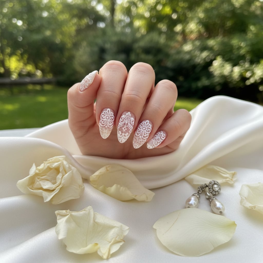 White Lace Pattern Short Almond Nails White Lace Pattern Short Almond Nails — Mom Nails