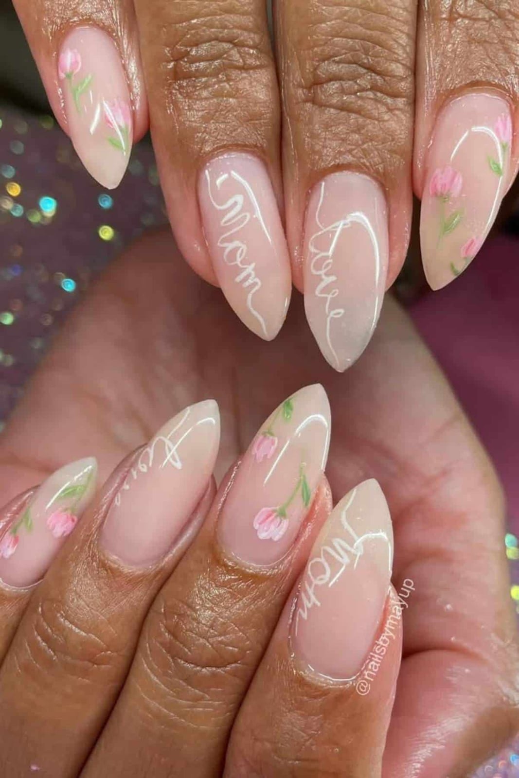 Nude Pink Floral Mom Script Long Almond Nails Nude Pink Floral Mom Script Long Almond Nails — Mom Nails