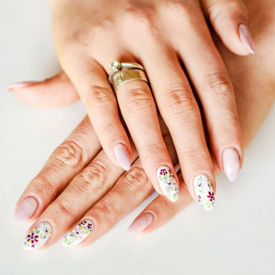 Milky Pink Floral Motif Soft Square Nails Milky Pink Floral Motif Soft Square Nails — Mom Nails