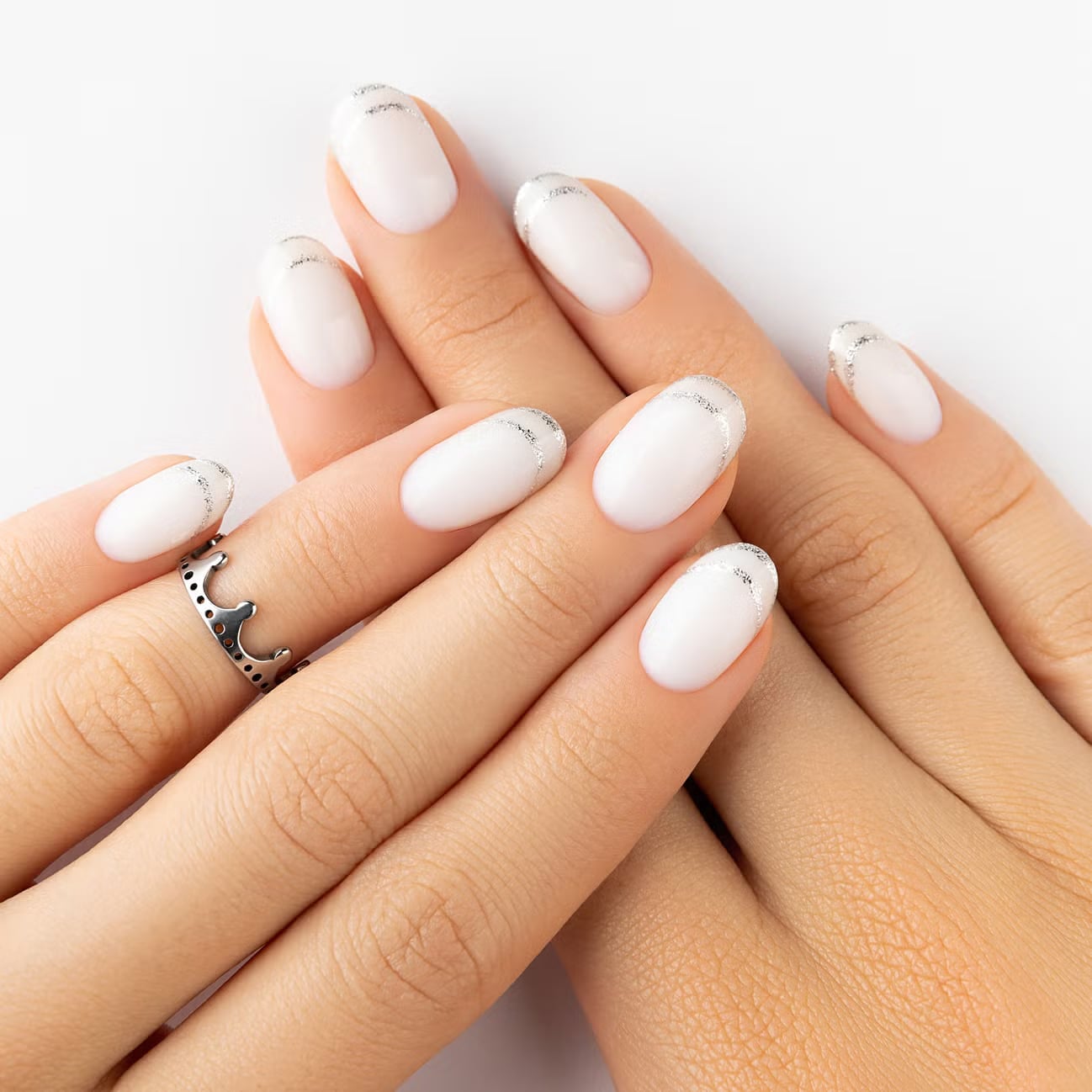 Milky White Glitter French Tip Oval Nails Milky White Glitter French Tip Oval Nails — Mom Nails
