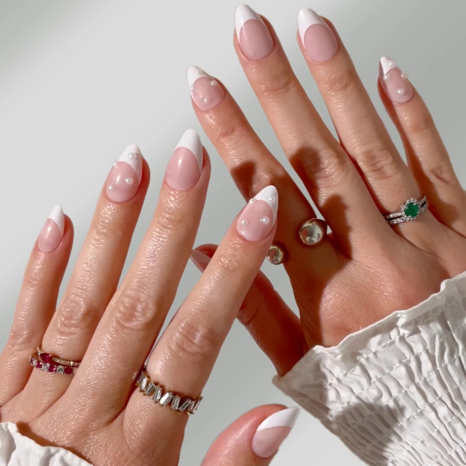 Pearl Accented French Tip Almond Nails Pearl Accented French Tip Almond Nails — Mom Nails