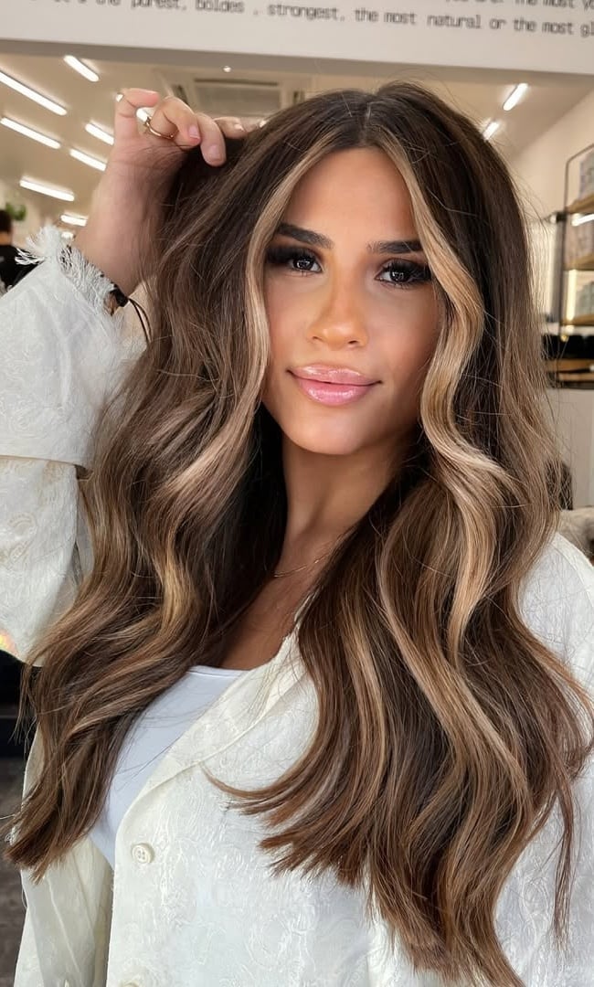 Long Mocha Brown With Creamy Beige Blonde Money Piece Long Mocha Brown With Creamy Beige Blonde Money Piece