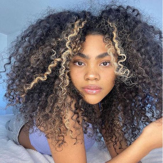 Shoulder Length Dark Brown Curly With Blonde Money Piece Shoulder Length Dark Brown Curly With Blonde Money Piece