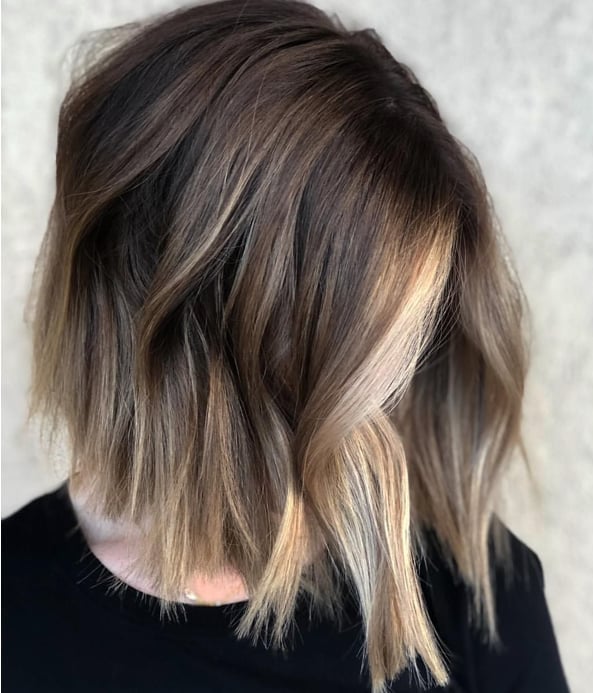 Collarbone Bob Dark Brown With Blonde Money Piece, Curtain Bangs Collarbone Bob Dark Brown With Blonde Money Piece, Curtain Bangs