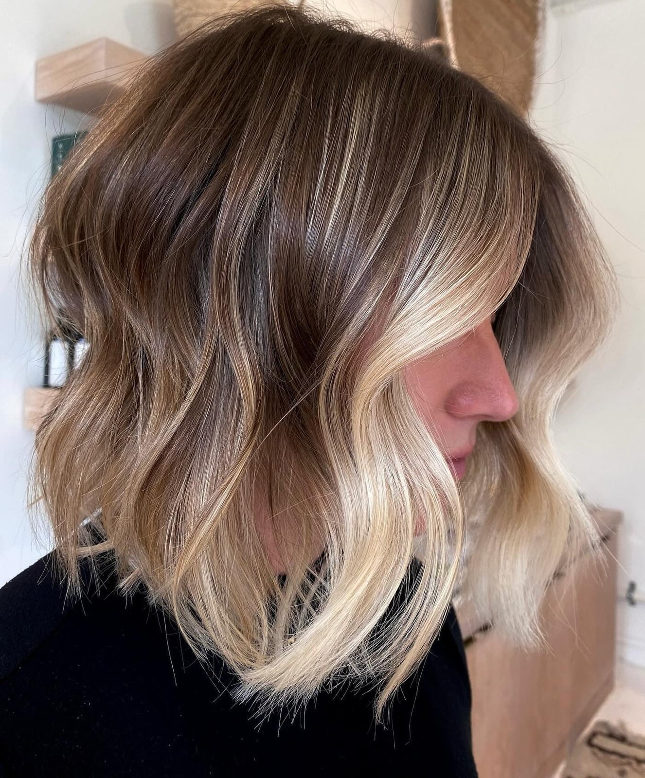Chin Length Bob Dark Brown With Bright Blonde Money Piece Chin Length Bob Dark Brown With Bright Blonde Money Piece