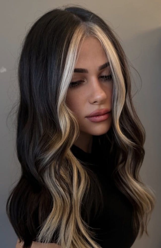Mid-Back Dark Brown With High Contrast Blonde Money Piece, Wavy Mid-Back Dark Brown With High Contrast Blonde Money Piece, Wavy