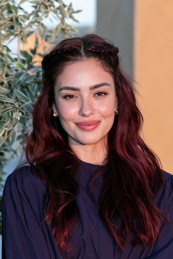 Mid-Back Waves With Face-Framing Braids — Mulled Wine Hair