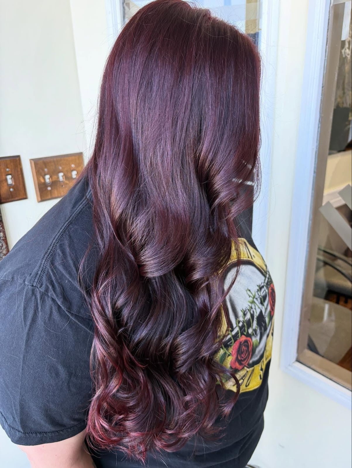 Mid-Back Loose Curls In Deep Burgundy — Mulled Wine Hair