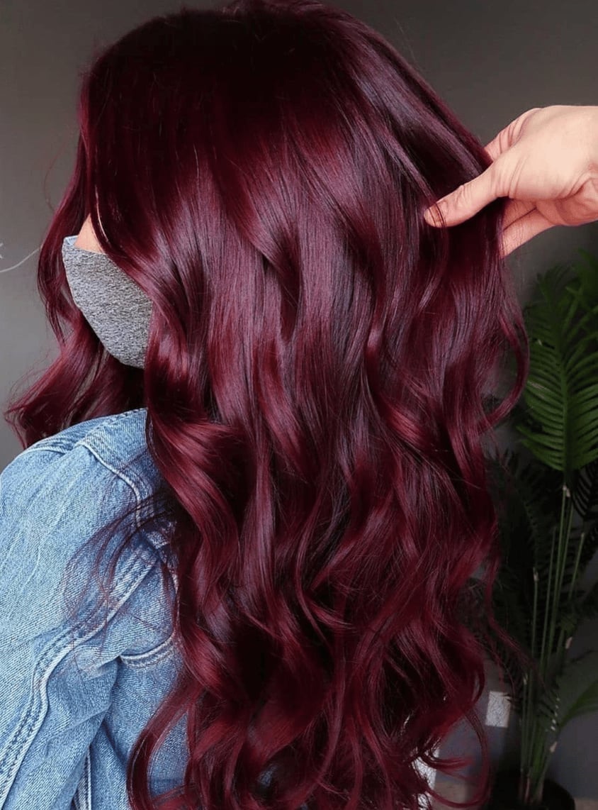 Mid-Back Loose Waves In Deep Burgundy, Dimensional Effect — Mulled Wine Hair