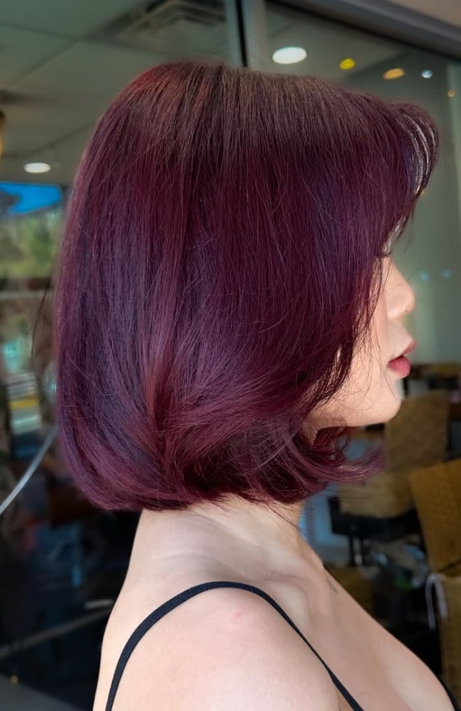 Wavy Chin Bob With Blunt Bangs — Mulled Wine Hair