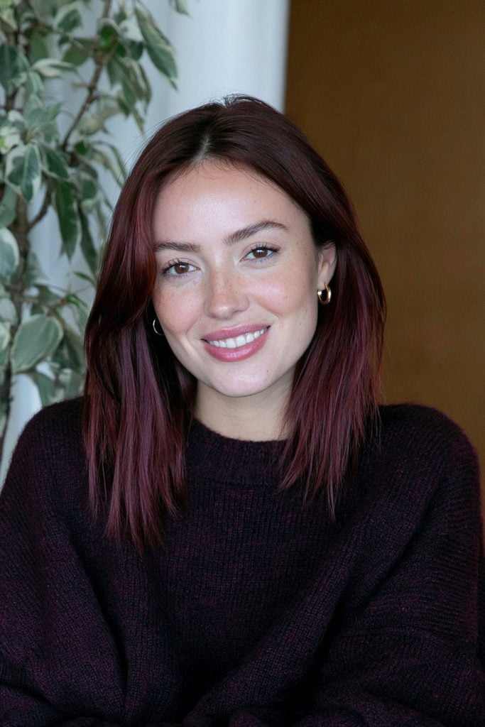 Collarbone Layers With Blended Curtain Bangs, Burgundy — Mulled Wine Hair