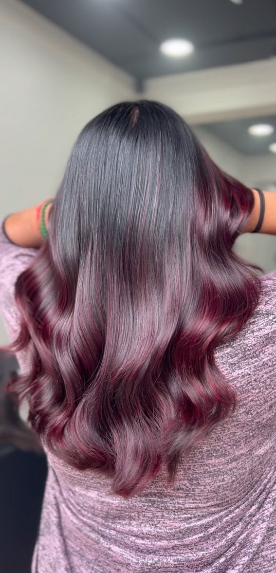 Mid-Back Waves With Red Highlights — Mulled Wine Hair