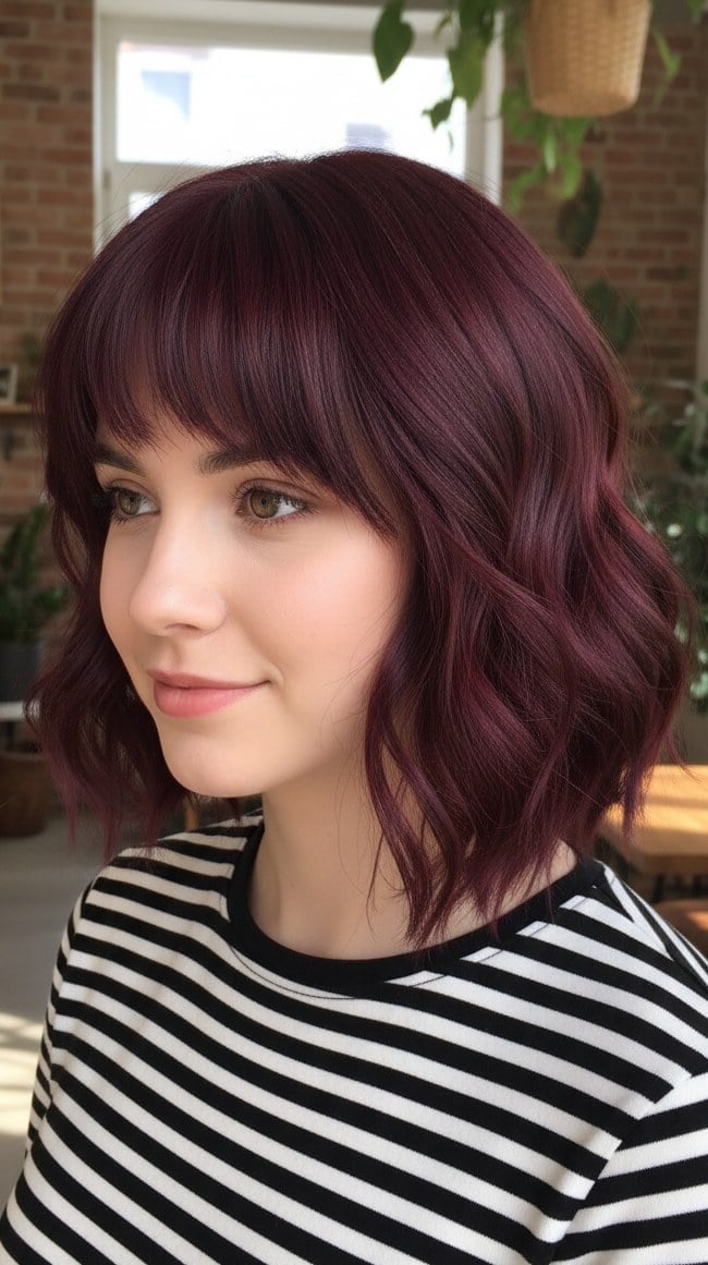 Chin Length Wavy Bob With Wispy Bangs — Mulled Wine Hair