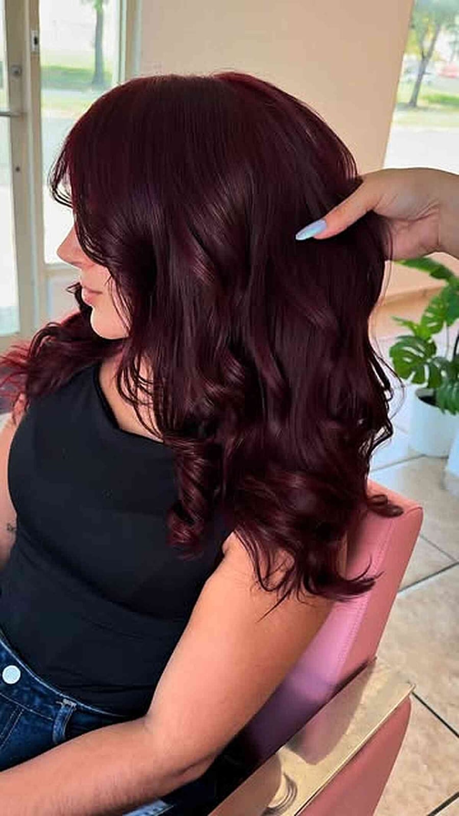 Mid-Back Blowout With Soft Waves And Bangs — Mulled Wine Hair