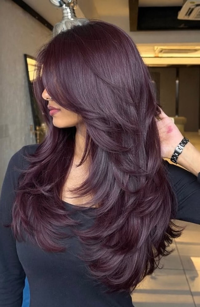 Long Layers Below Shoulder With Curtain Bangs — Mulled Wine Hair