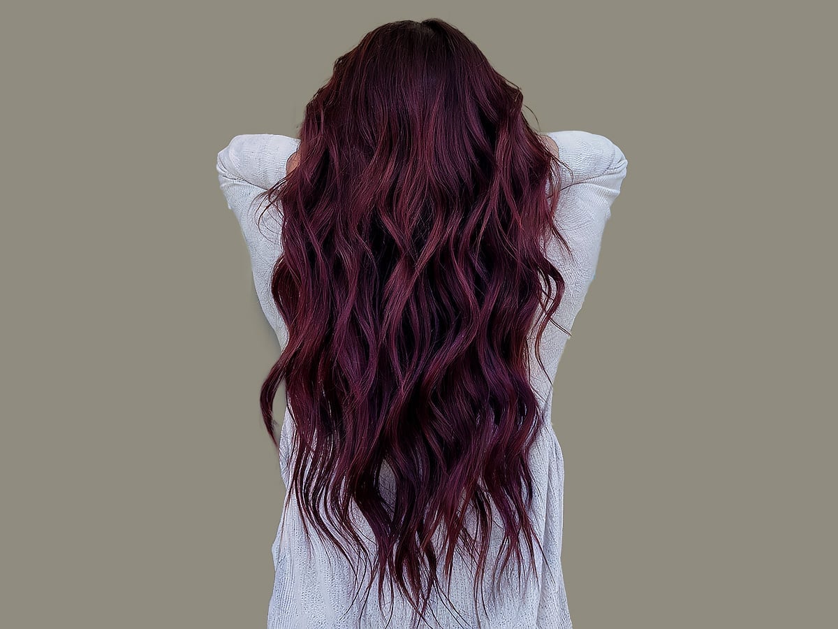 Mid-Back Layers In Deep Burgundy Waves — Mulled Wine Hair