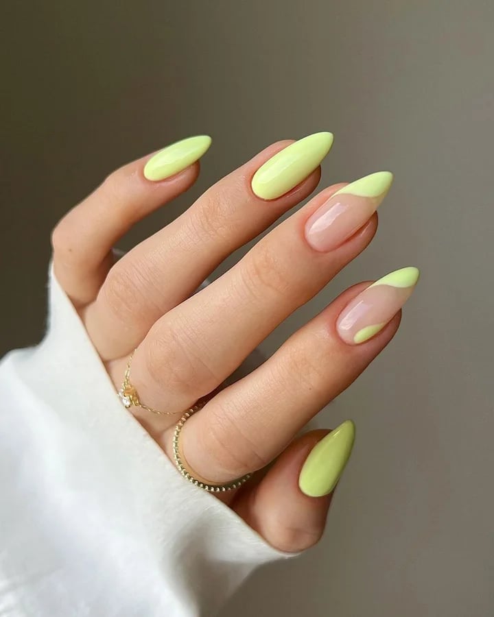 Neon Yellow Wavy French Medium Almond, With A High-Gloss Finish — Nail Colors
