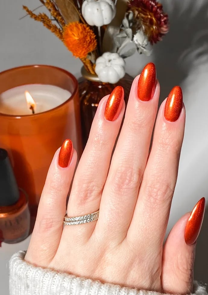 Metallic Orange Glossy Short Almond — Nail Colors