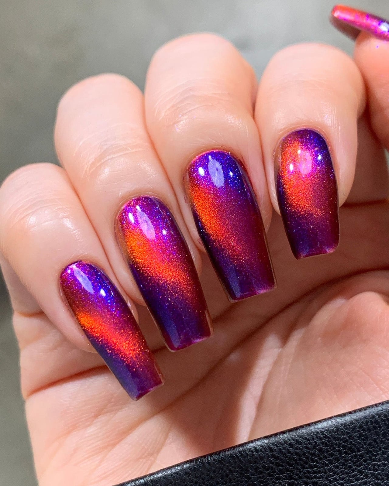 Purple Orange Red Cat-Eye Long Coffin — Nail Colors