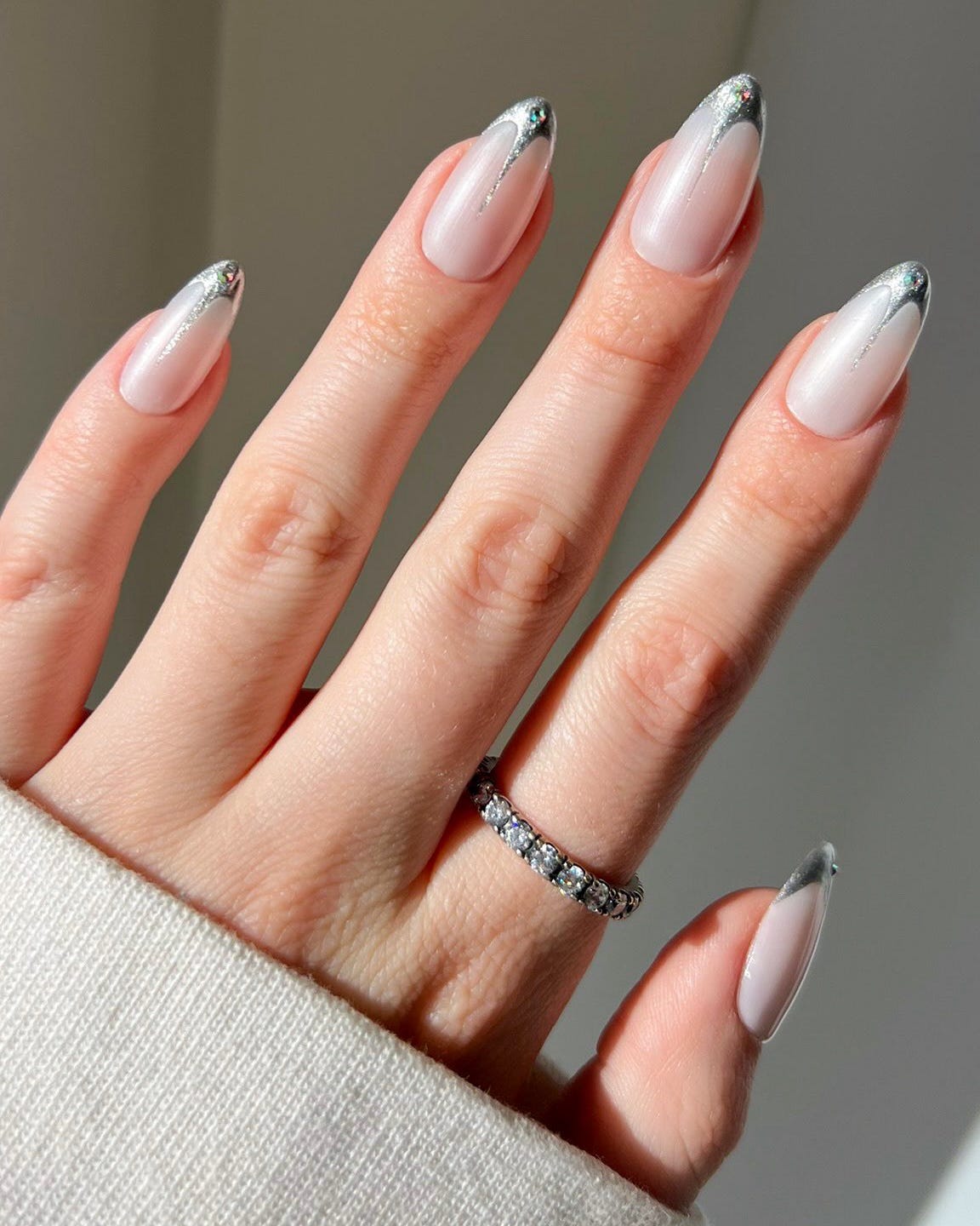 Silver Glitter French Almond Extensions Silver Glitter French Almond Extensions — Nail Extensions
