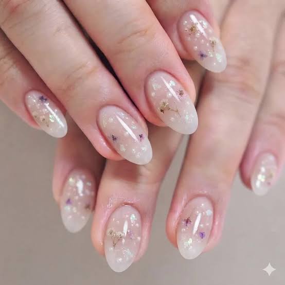 Milky White With Embedded Flowers Short Oval Nails Milky White With Embedded Flowers Short Oval Nails — Nail Shapes