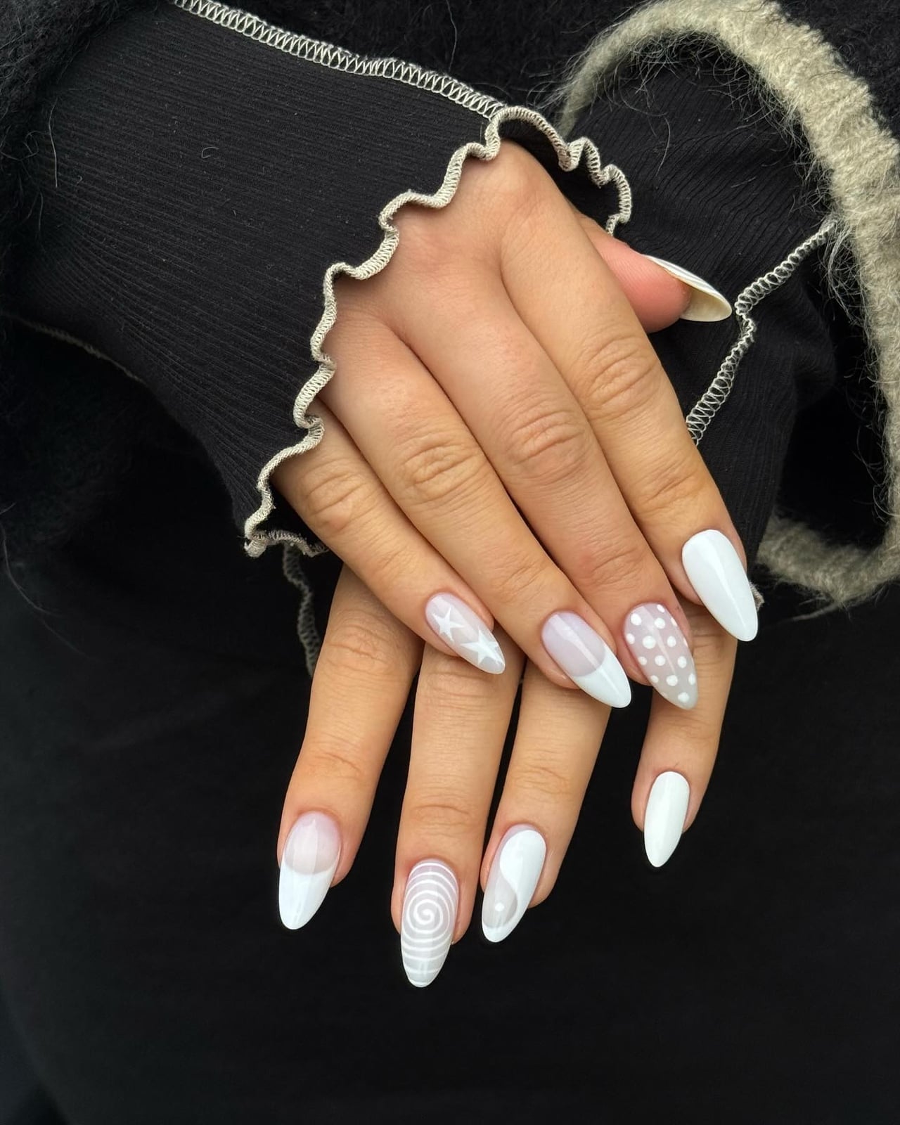 Mixed Art Almond Nails With White Accents Mixed Art Almond Nails With White Accents — Nail Shapes
