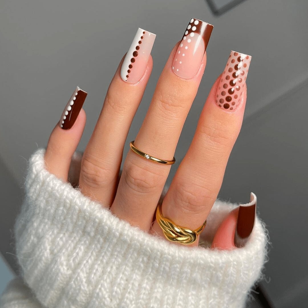 Brown Tip And Dot Pattern Long Square Nails Brown Tip And Dot Pattern Long Square Nails — Nail Shapes