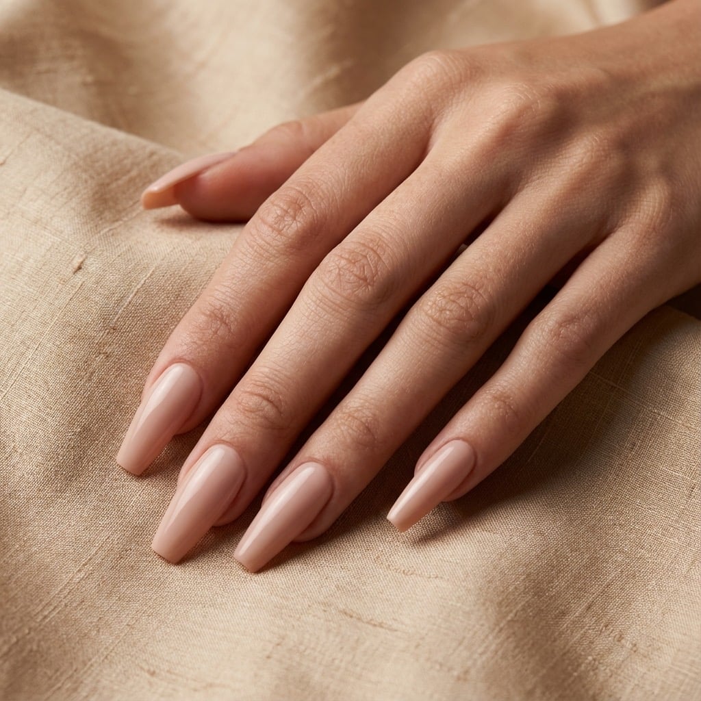 Glossy Nude Beige Long Ballerina Nails Glossy Nude Beige Long Ballerina Nails — Nail Shapes