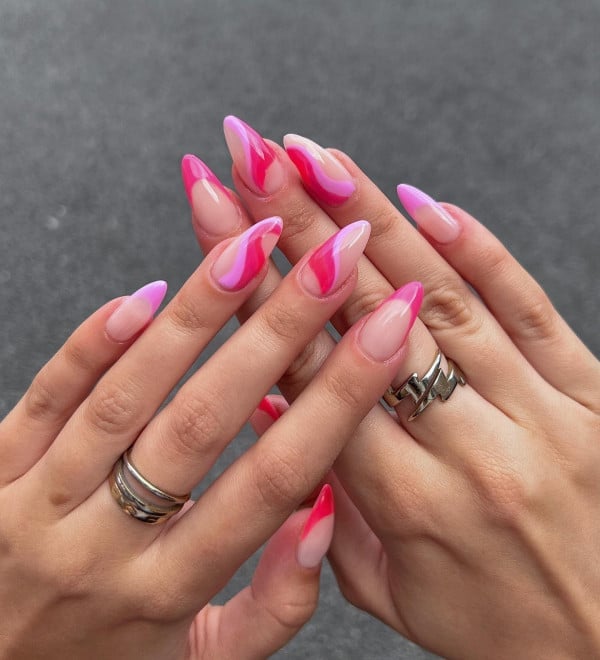 Pink Gradient Abstract Wavy French Stiletto Nails Pink Gradient Abstract Wavy French Stiletto Nails — Nail Shapes