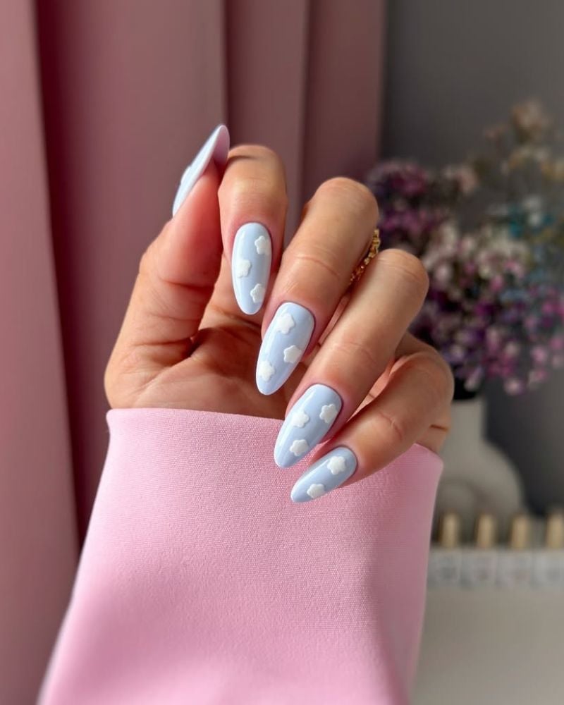 Sky Blue Cloud Design Medium Almond Nails Sky Blue Cloud Design Medium Almond Nails — Nail Shapes