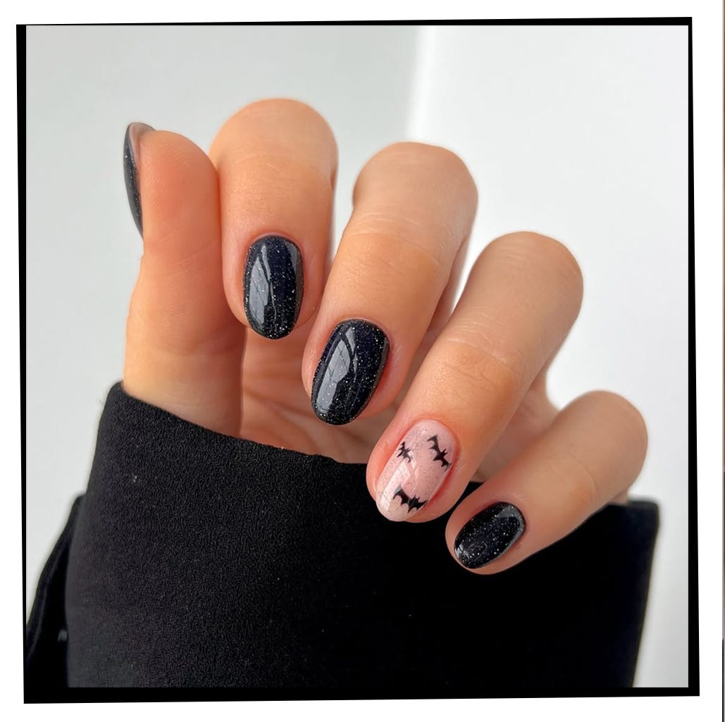 Black Glossy Short Oval with Bat Motifs — Nails for Black Dress