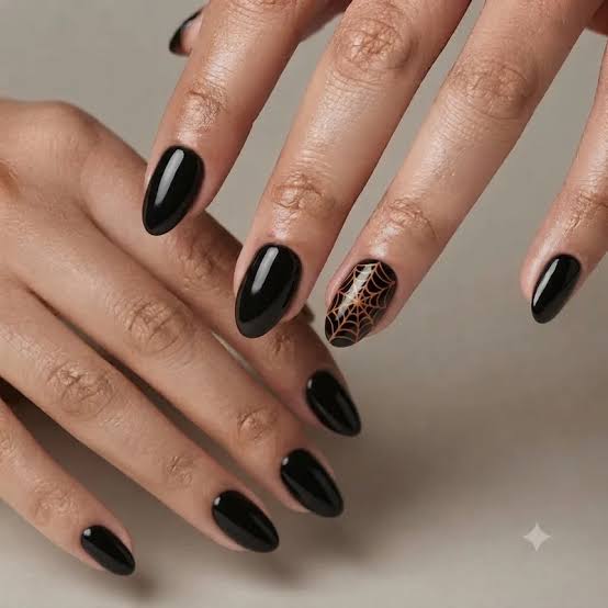Black Glossy Short Almond with Gold Spiderweb — Nails for Black Dress