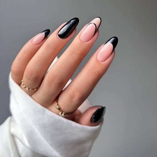 Black French Tip Medium Almond Nails — Nails for Black Dress
