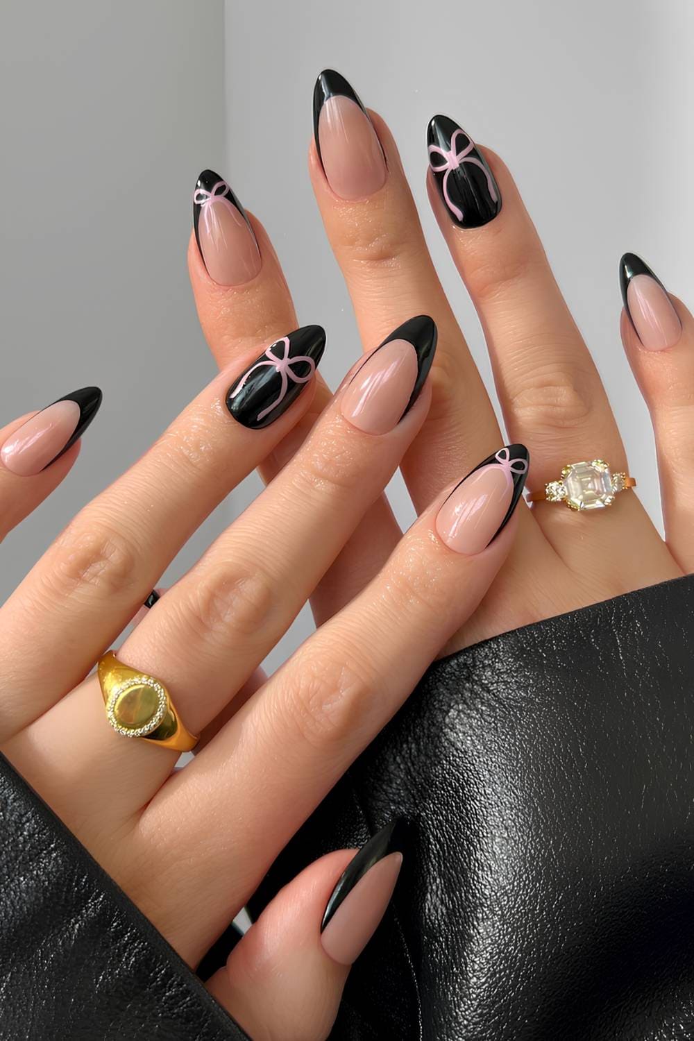 Black French Tip Long Almond with Pink Bows — Nails for Black Dress
