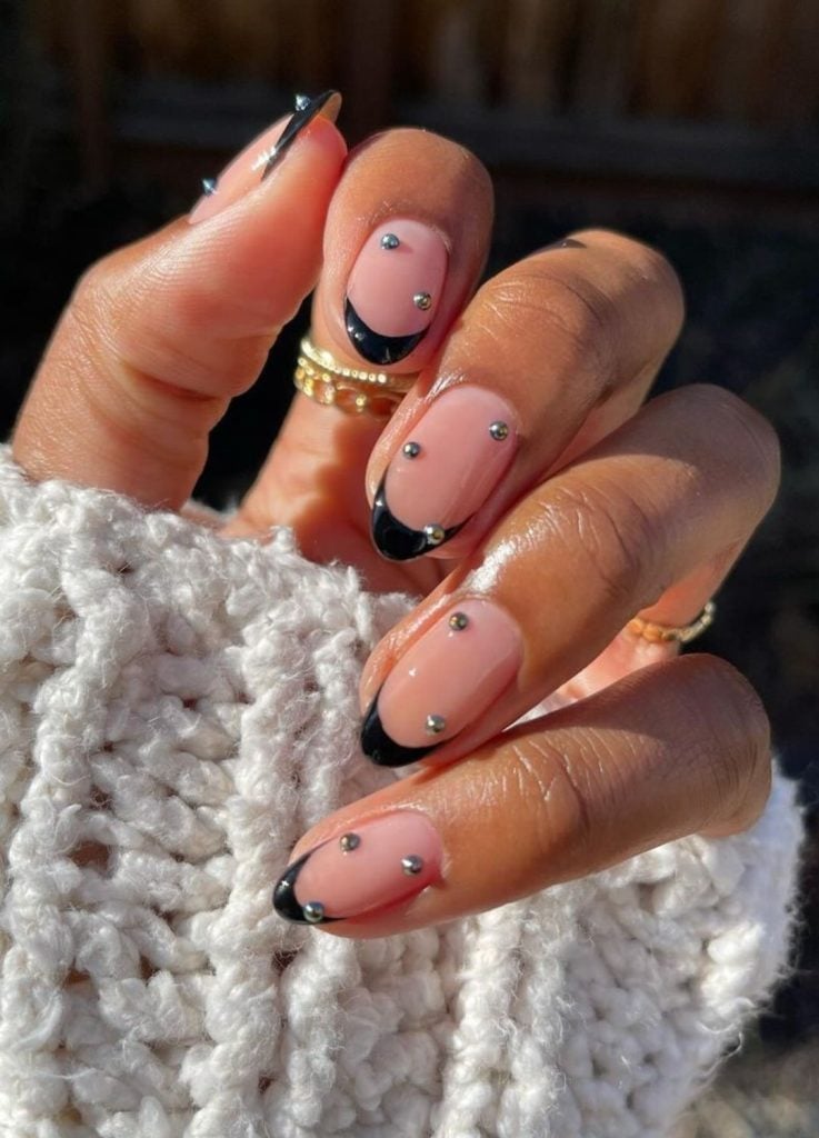 Black French Tip Medium Almond with Silver Studs — Nails for Black Dress
