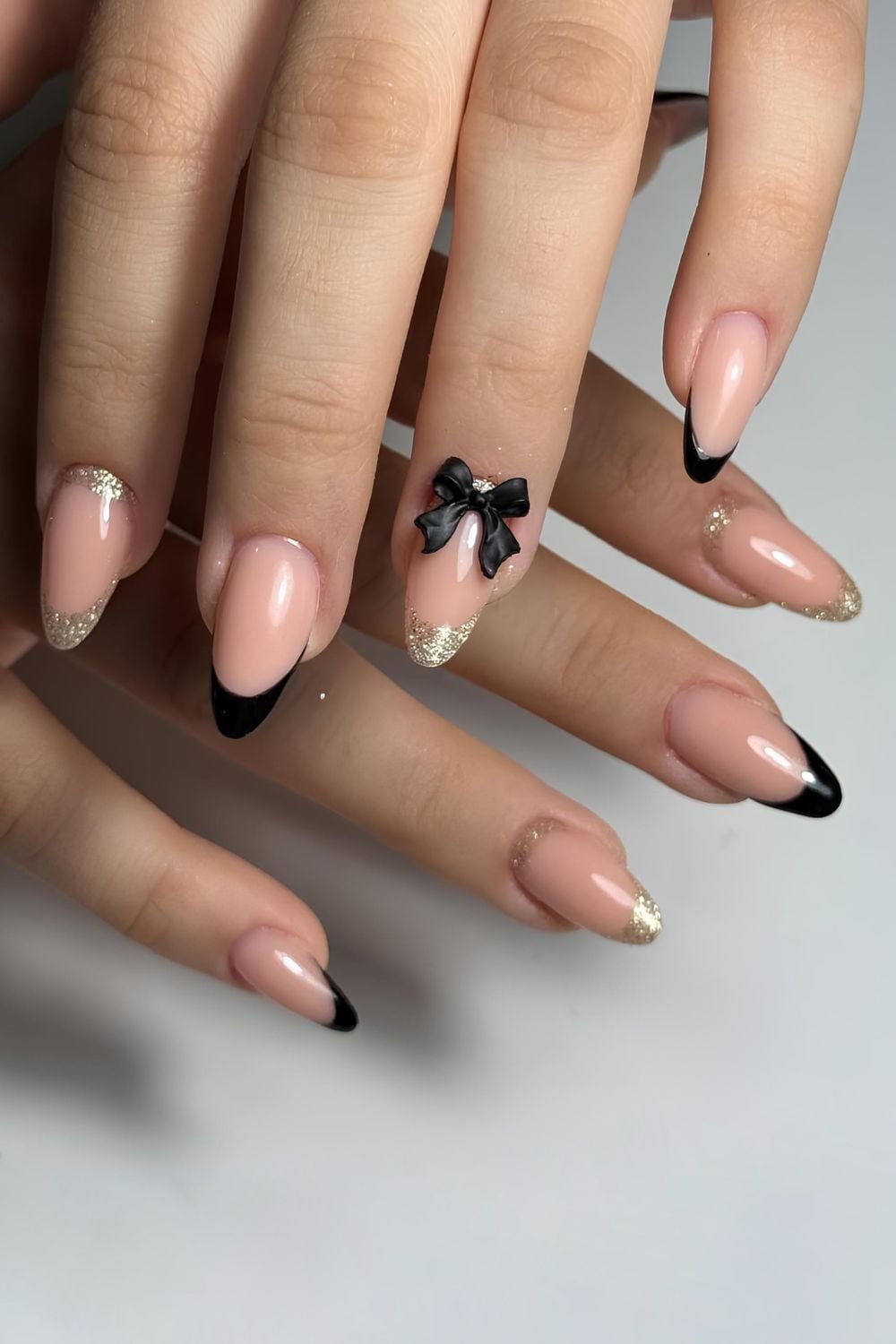 Black French Tip Medium Almond with Gold Glitter — Nails for Black Dress