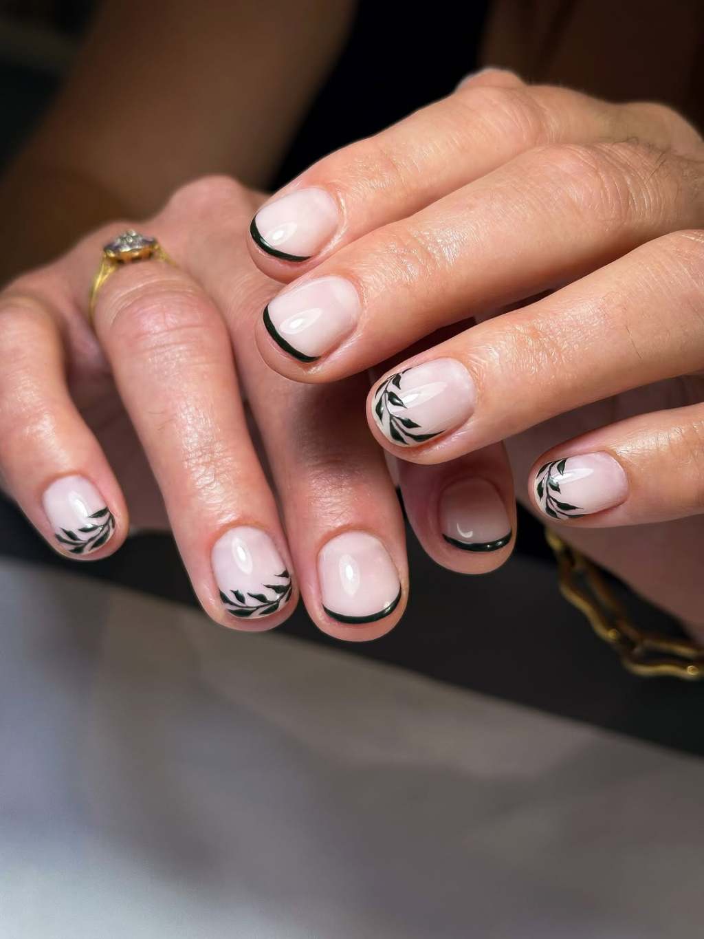 Black Leaf Motif French Tip Short Round Nails — Nails for Black Dress