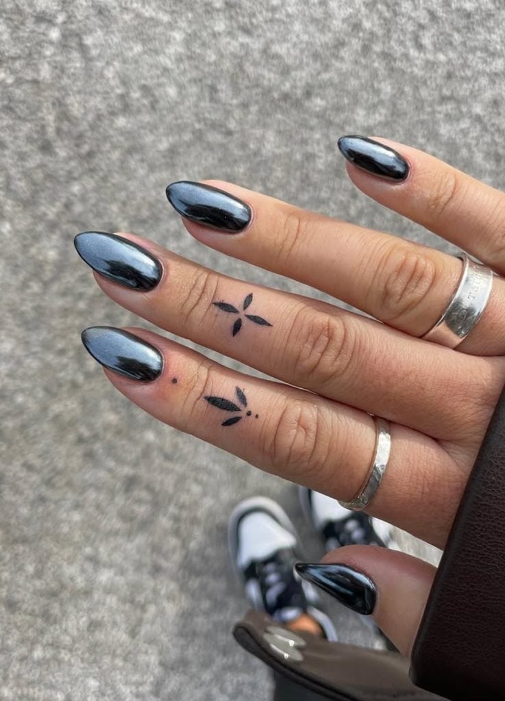 Dark Navy Chrome Medium Almond Nails — Nails for Black Dress