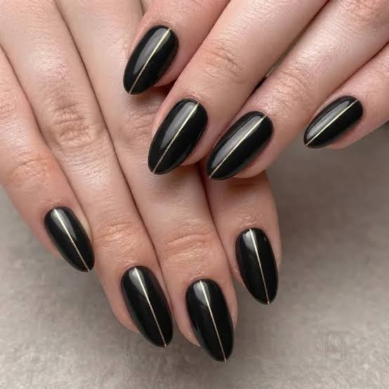 Black Glossy Short Almond with Gold Line, Close-Up Take — Nails for Black Dress
