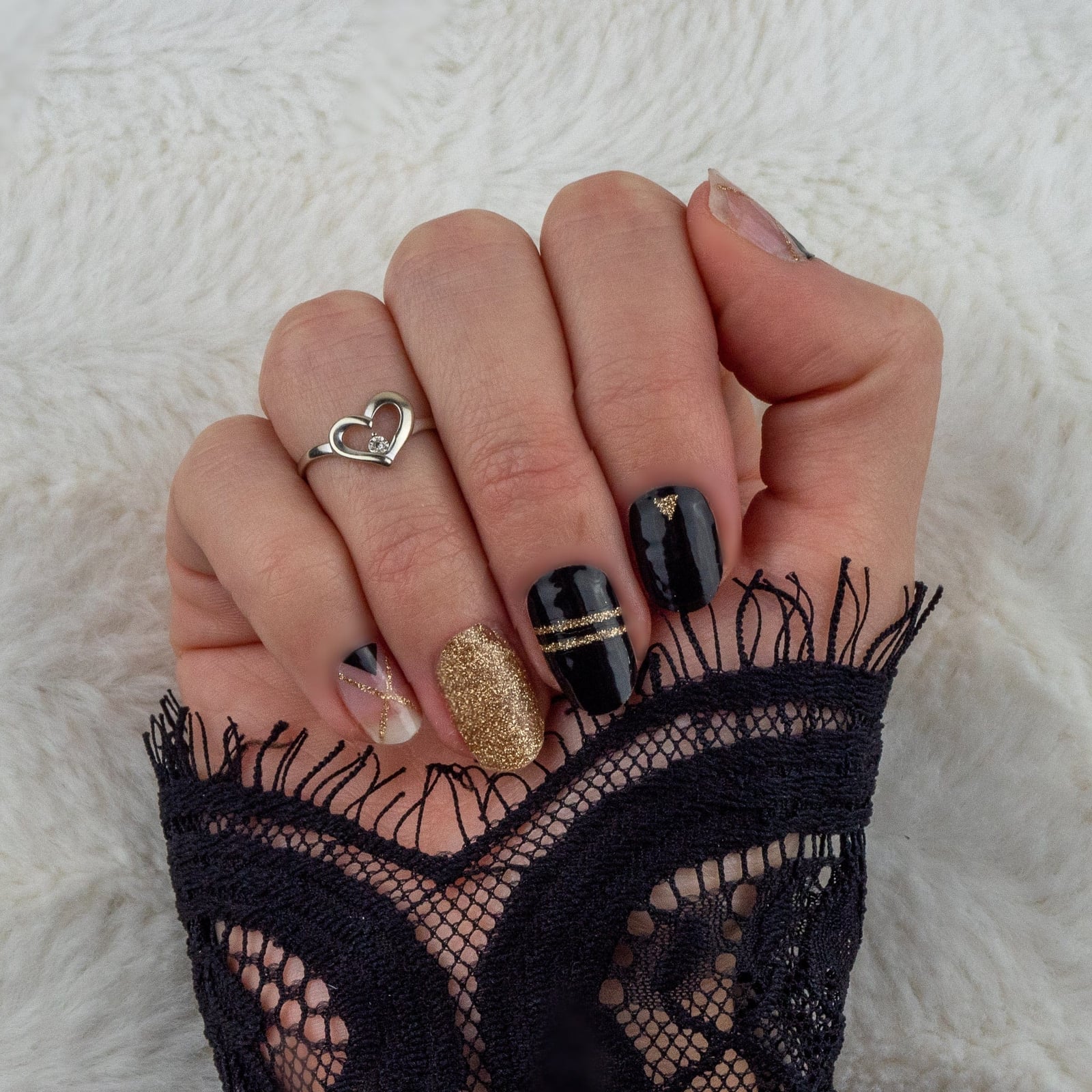 Black Glossy Short Square with Gold Accents — Nails for Black Dress