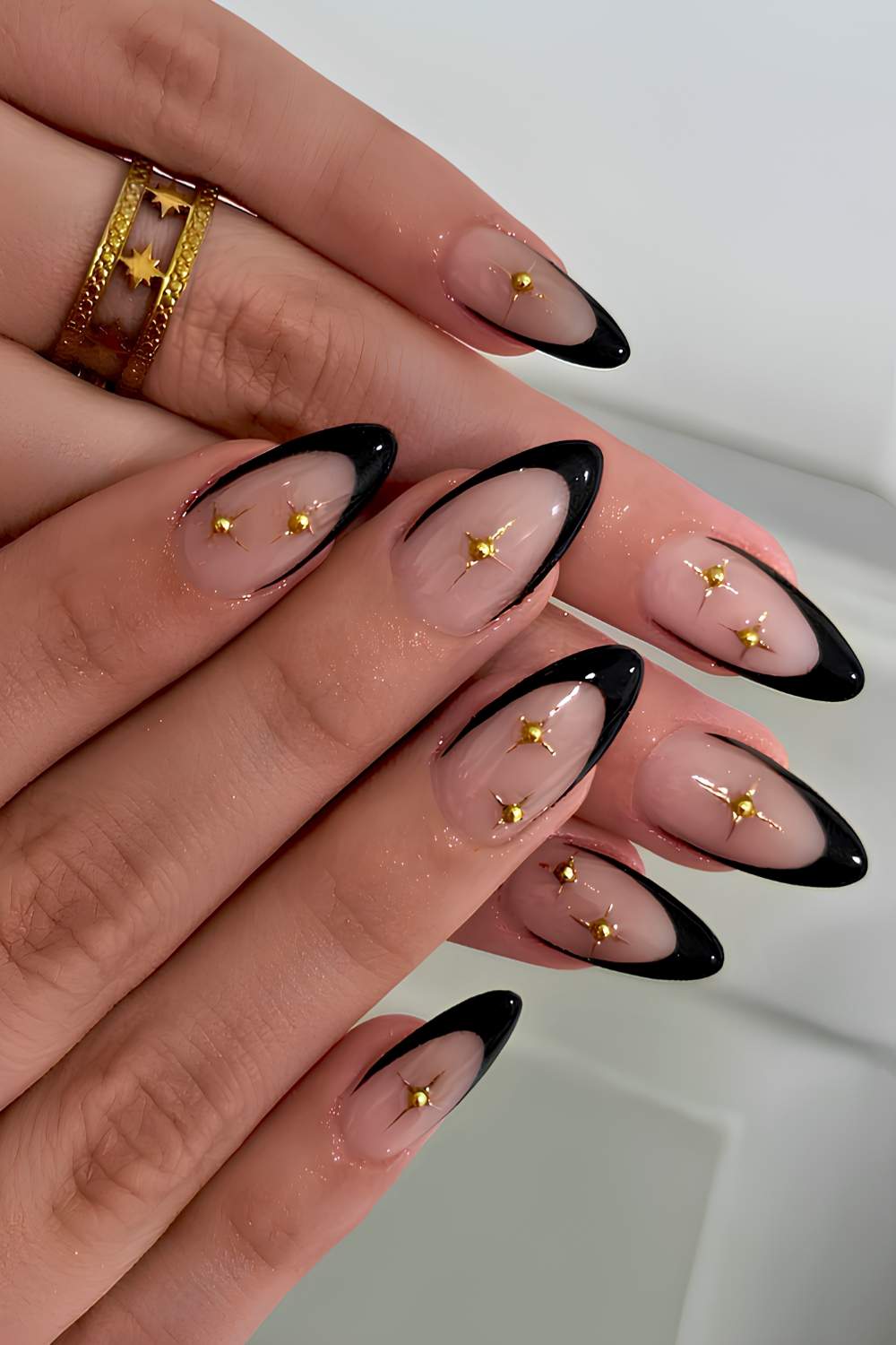 Black French Tip Long Stiletto with Gold Stars — Nails for Black Dress